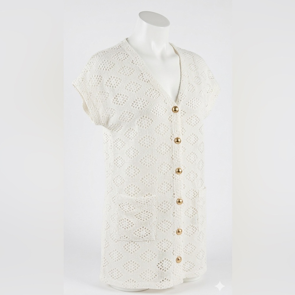 Bikini Village Crochet Knit Long Cardigan Vest White Boho Coastal Women’s Large